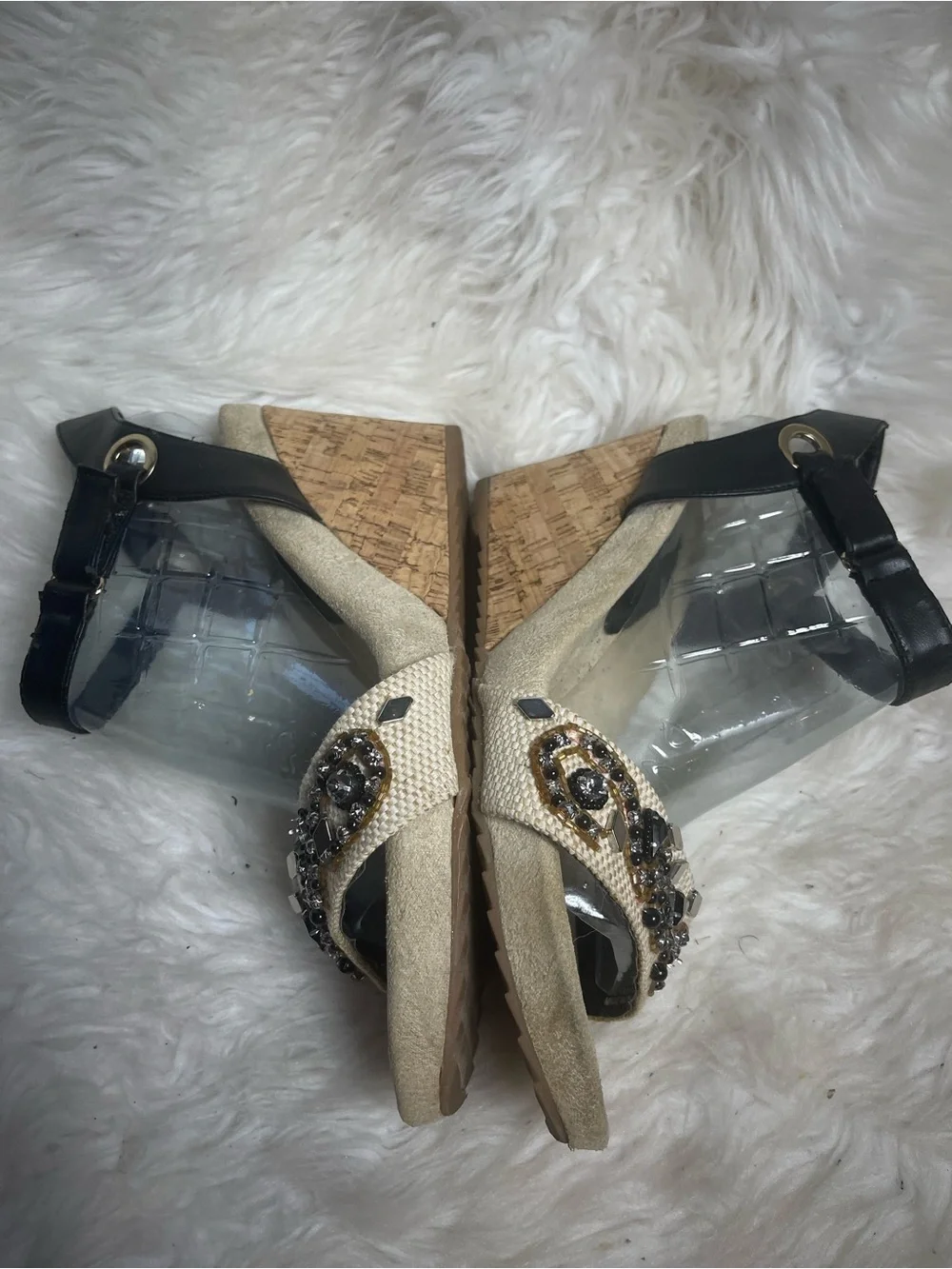 Cloud Walker By Avenue Cork Wedge Sandals Black Ankle Strap & Beaded Front SZ13W